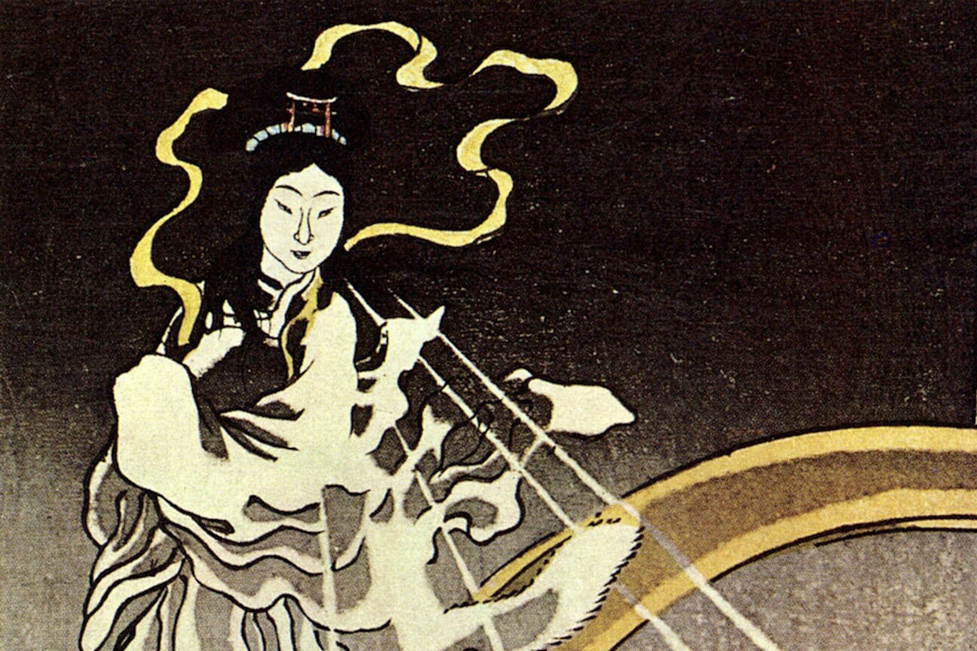 In this illustration, Inari appears to be looking down from heaven as a woman. A white robe covers Inari, who is wearing her black hair half up and half down.
