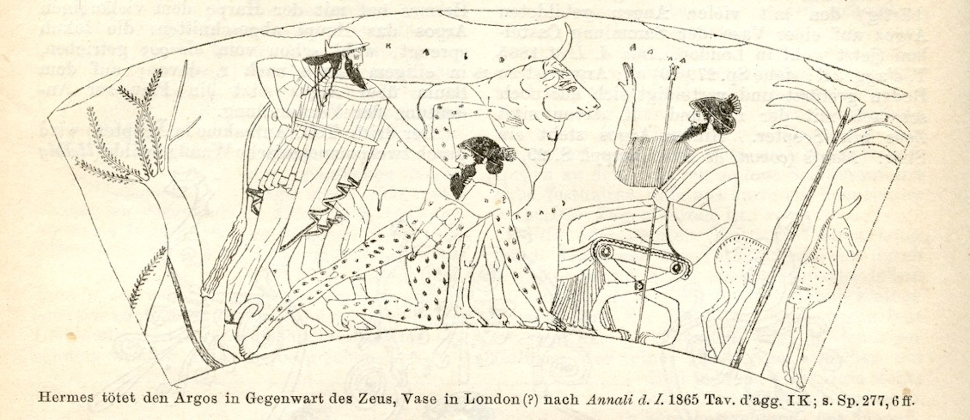 Illustration of an Attic red-figure stamnos showing Argus killing Argus, represented here with eyes all over his body (fifth century BCE).