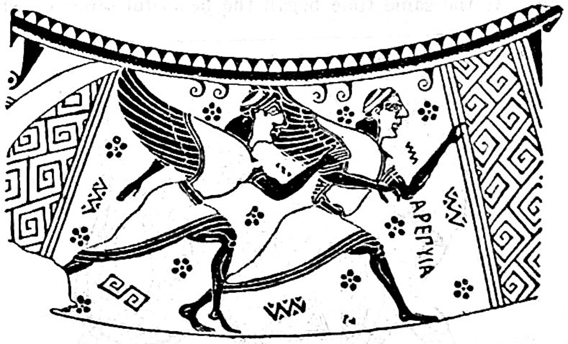 Winged harpies drawing after black-figure louterion circa 620 BCE from Encyclopedia Bittanica, 1911