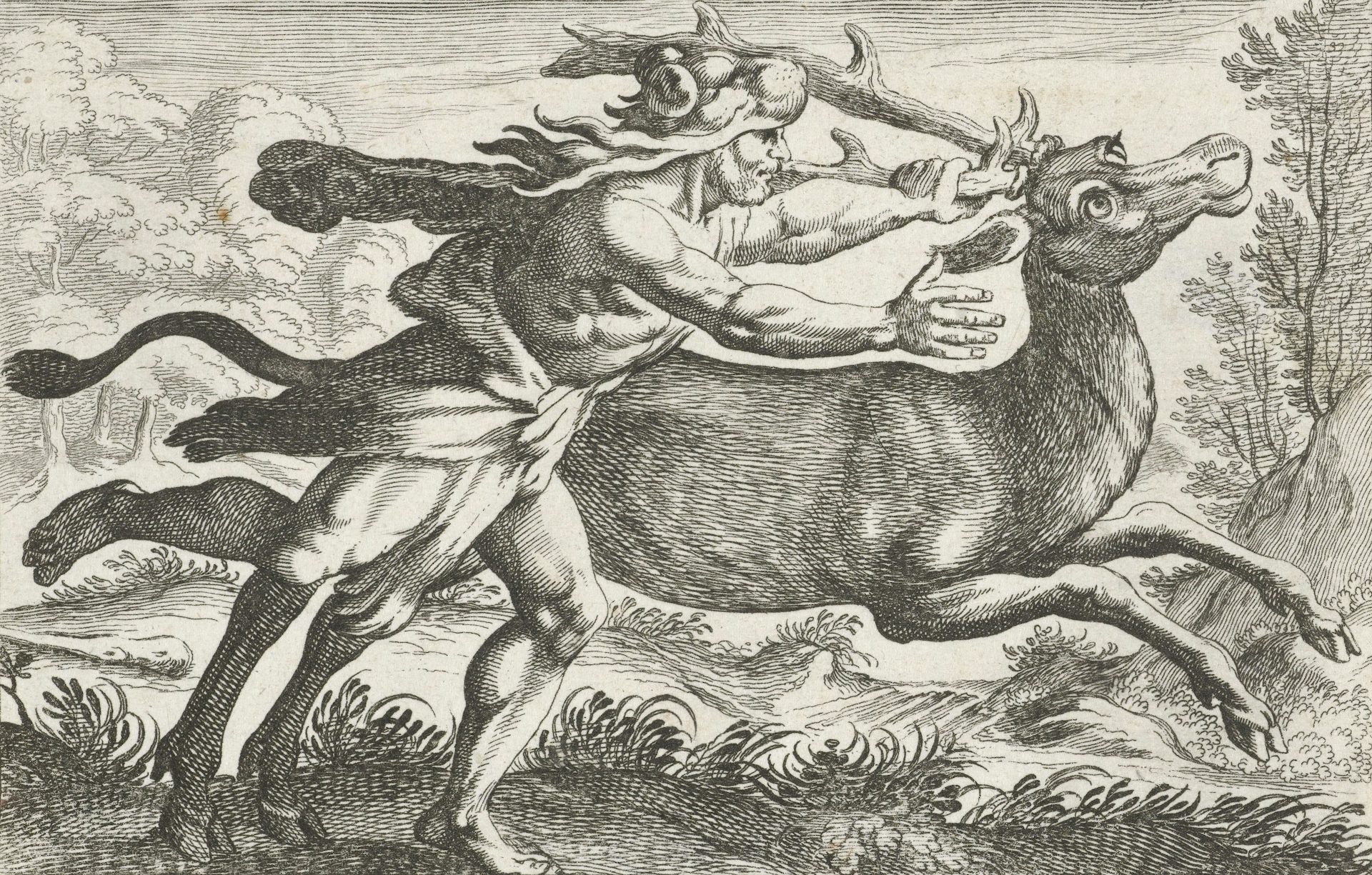 Hercules catching the hind of Cerynea by Simon Frisius, after Antonio Tempesta (ca. 1610–64)