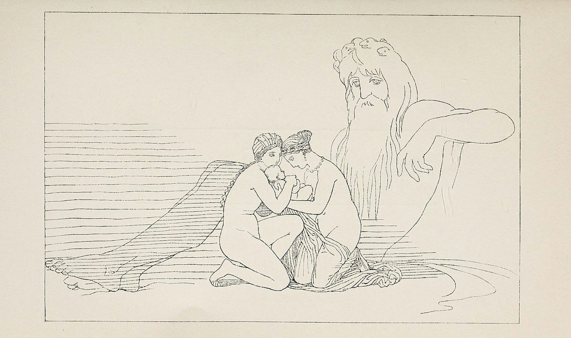 Illustration showing Eurynome and Thetis nursing the young Hephaestus by John Flaxman
