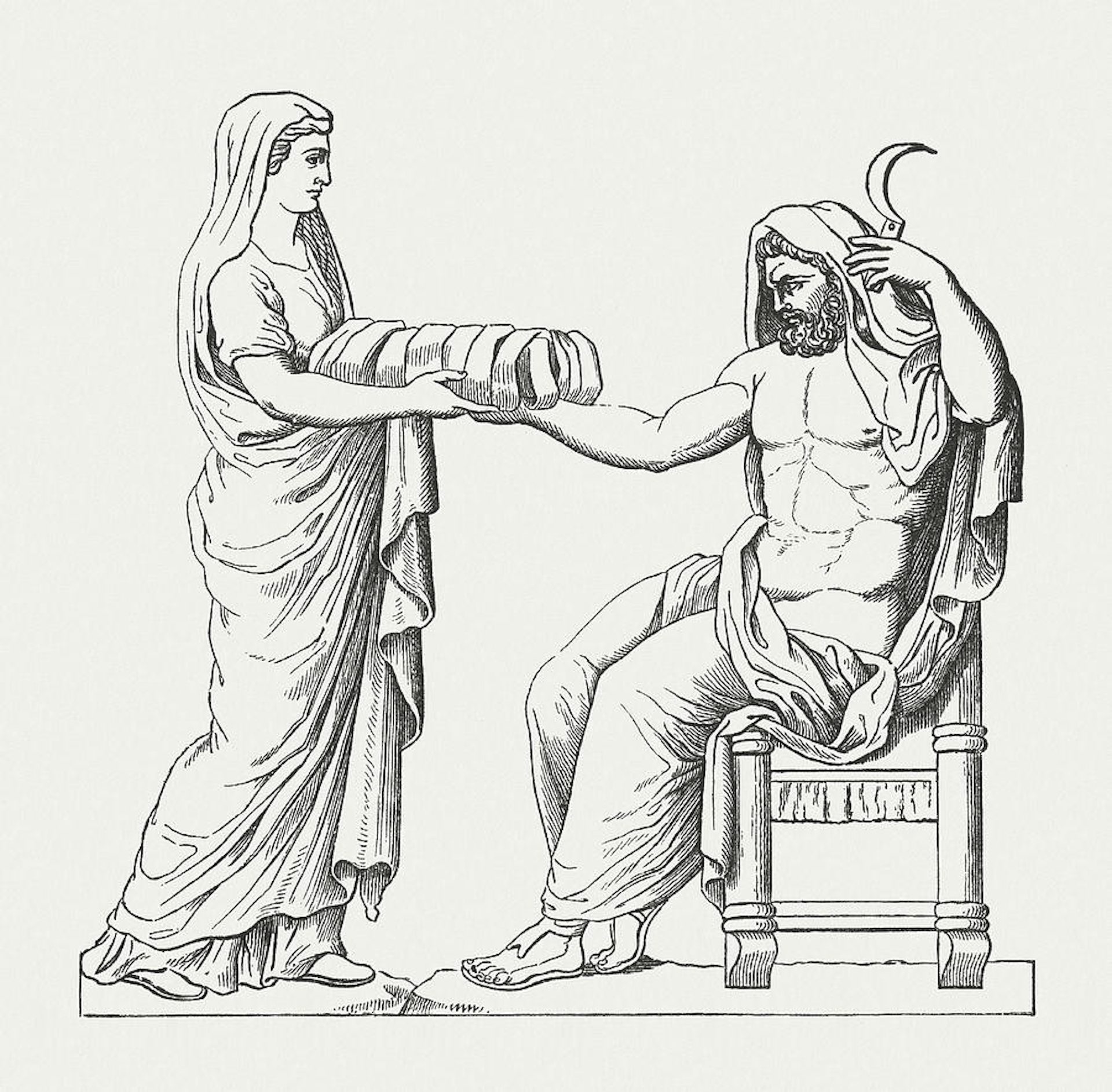 Rhea presenting Cronus the stone wrapped in cloth
