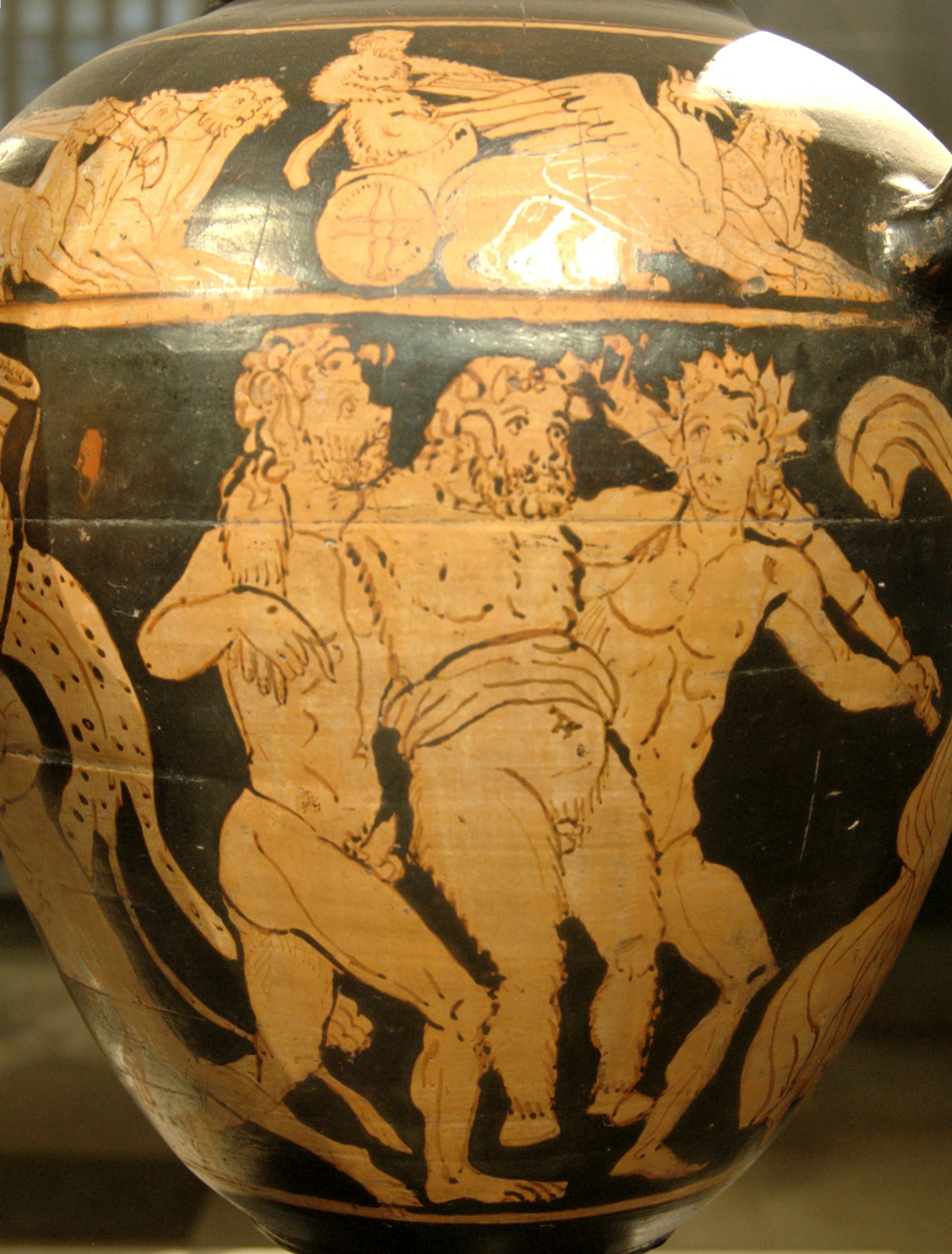 Drunk Papposilenus satyrs Etruscan red-figure stamnos from Vulci, circa300 BCE