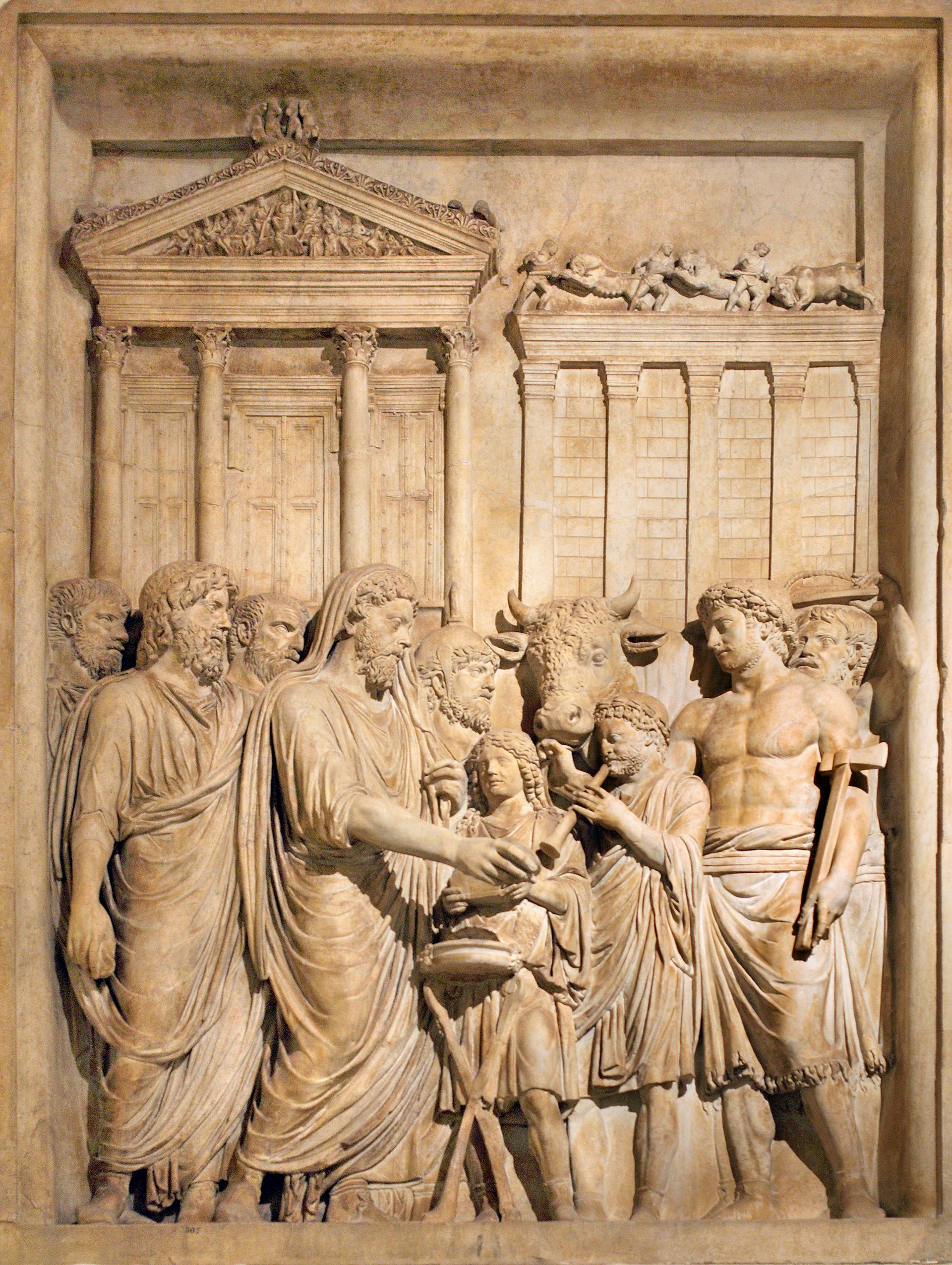 Bas Relief From Arch of Marcus Aurelius Showing Sacrifice Temple of Jupiter in Background Capitoline Museum Rome