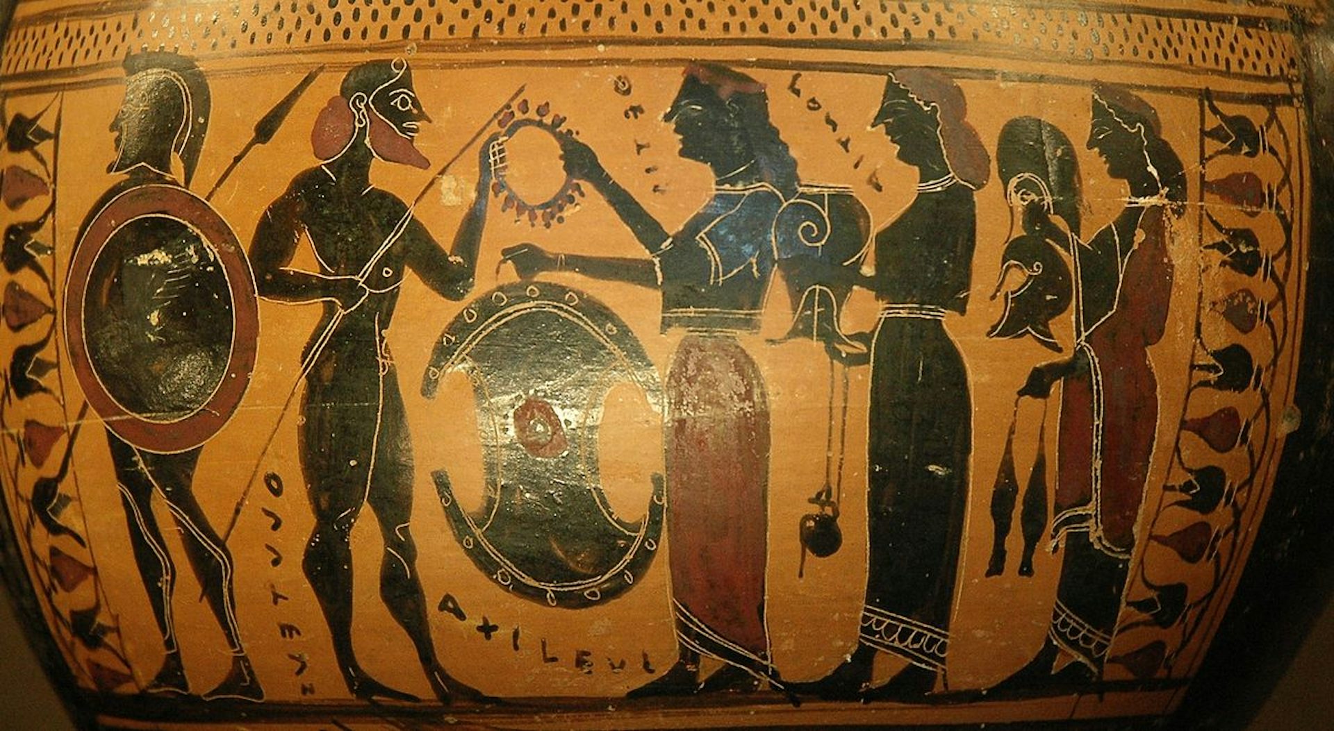 Vase painting of Thetis and her attendants presenting Achilles with armor