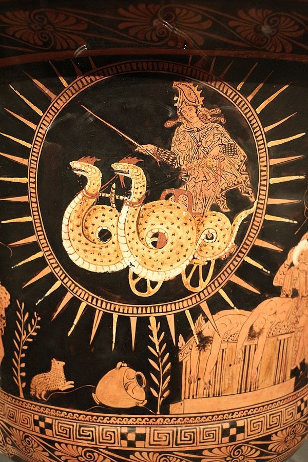 Red-figure calyx showing Medea fleeing Corinth, Policoro Painter (ca. 400 BCE). 