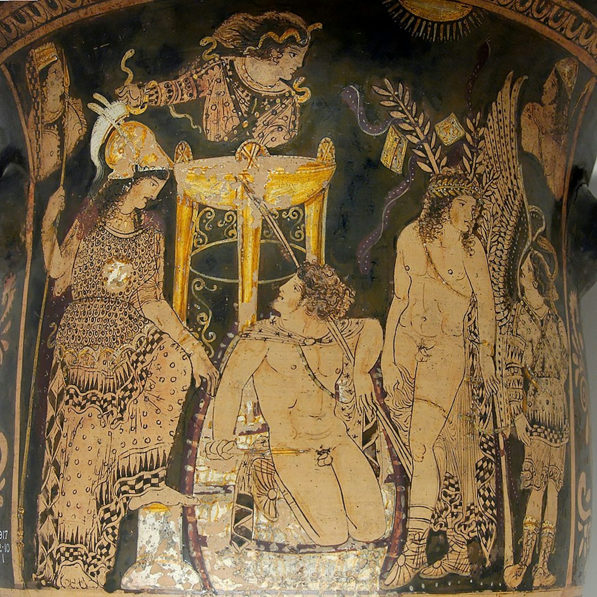 Paestan red-figure bell-krater showing Orestes (center) purified at Delphi. Attributed to Python, ca. 330 BCE. 