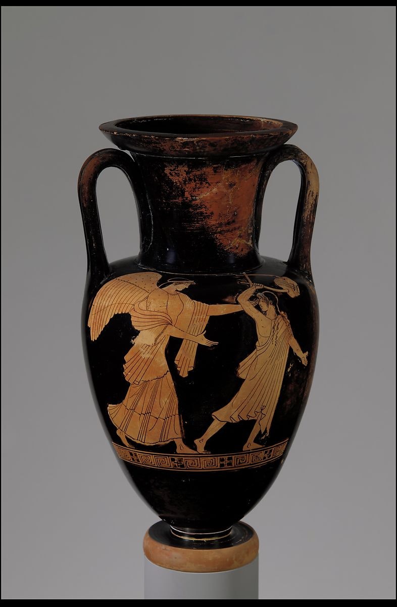 Terracotta red-figure Nolan-neck amphora showing Eos pursuing Tithonus. 
