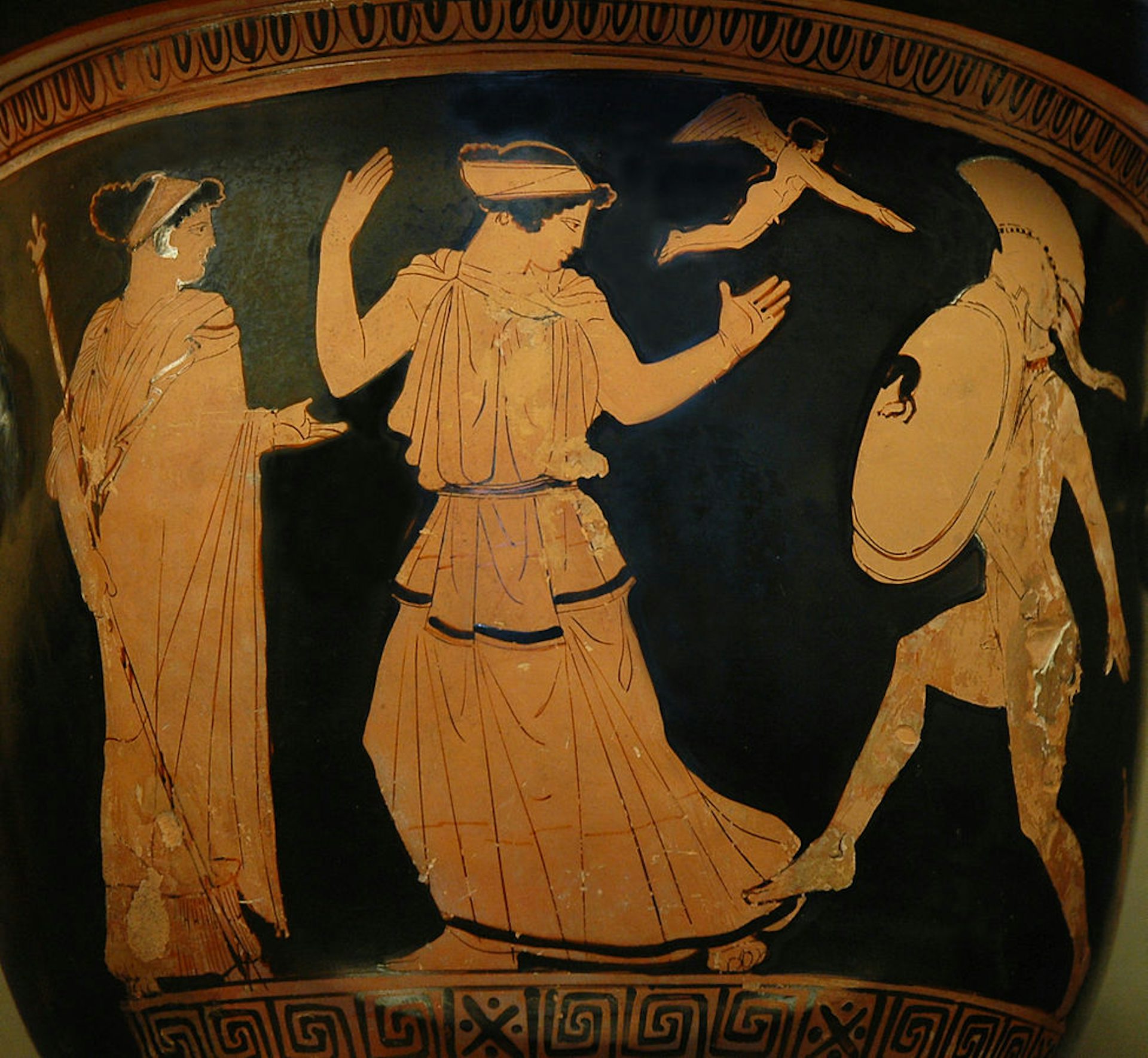 Attic red-figure krater of Helen and Menelaus, attributed to the Menelaus Painter, from 450–440 BCE
