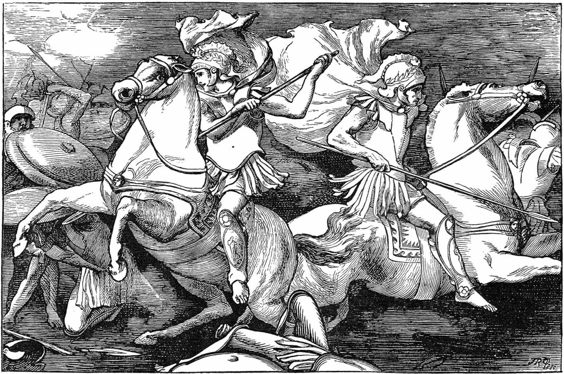 Illustration of Castor and Pollux at the Battle of Lake Regillus by John Reinhard Weguelin