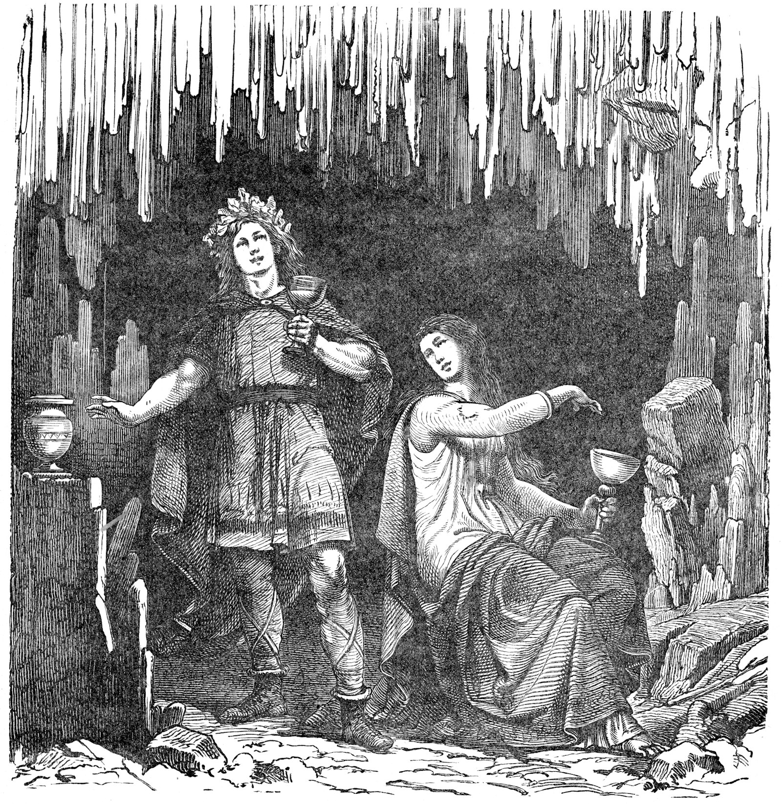 engraving of Odin and Gunnlöd (1882)