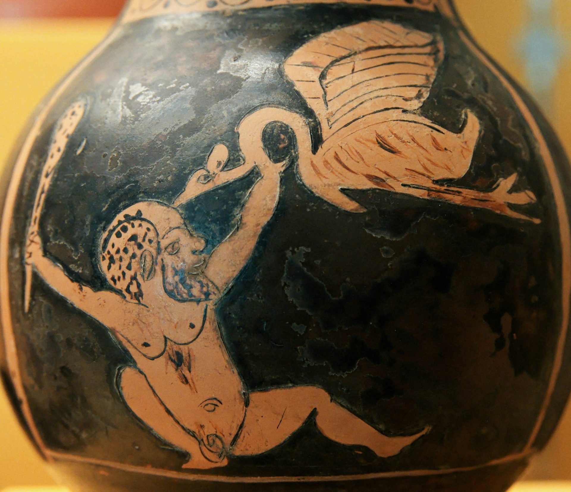 Vase painting of a Pygmy fighting a crane