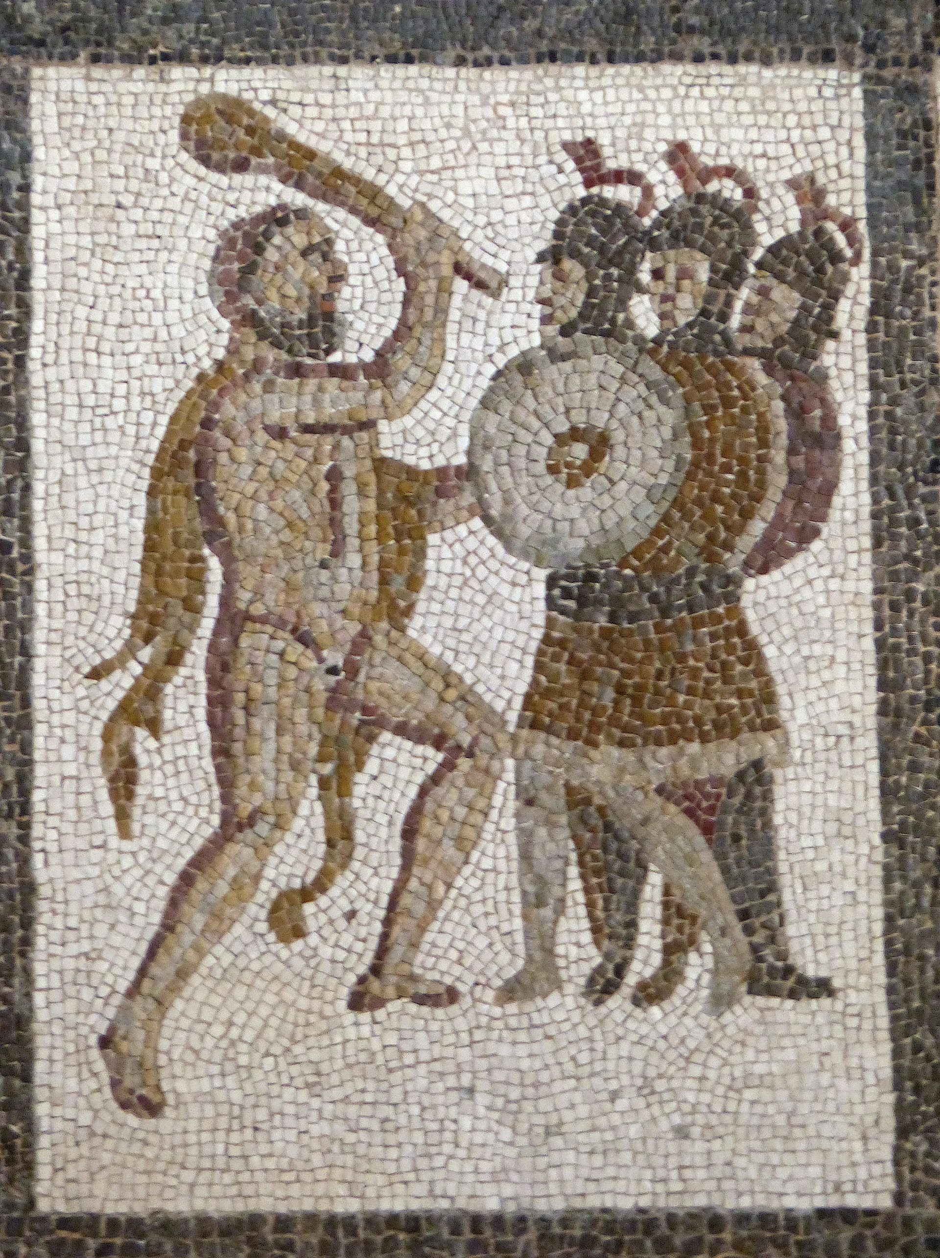 Heracles battling Geryon from twelve labours mosaic, Iliria, National Archeological Museum, Madrid