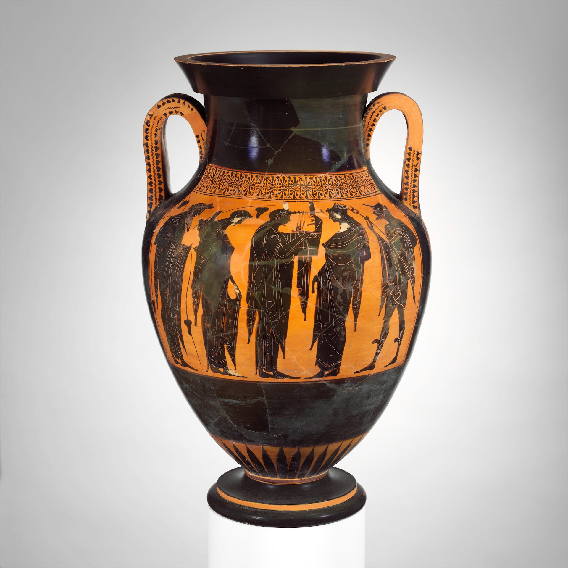 Vase painting of Dionysus, Artemis, Apollo, Leto, and Hermes