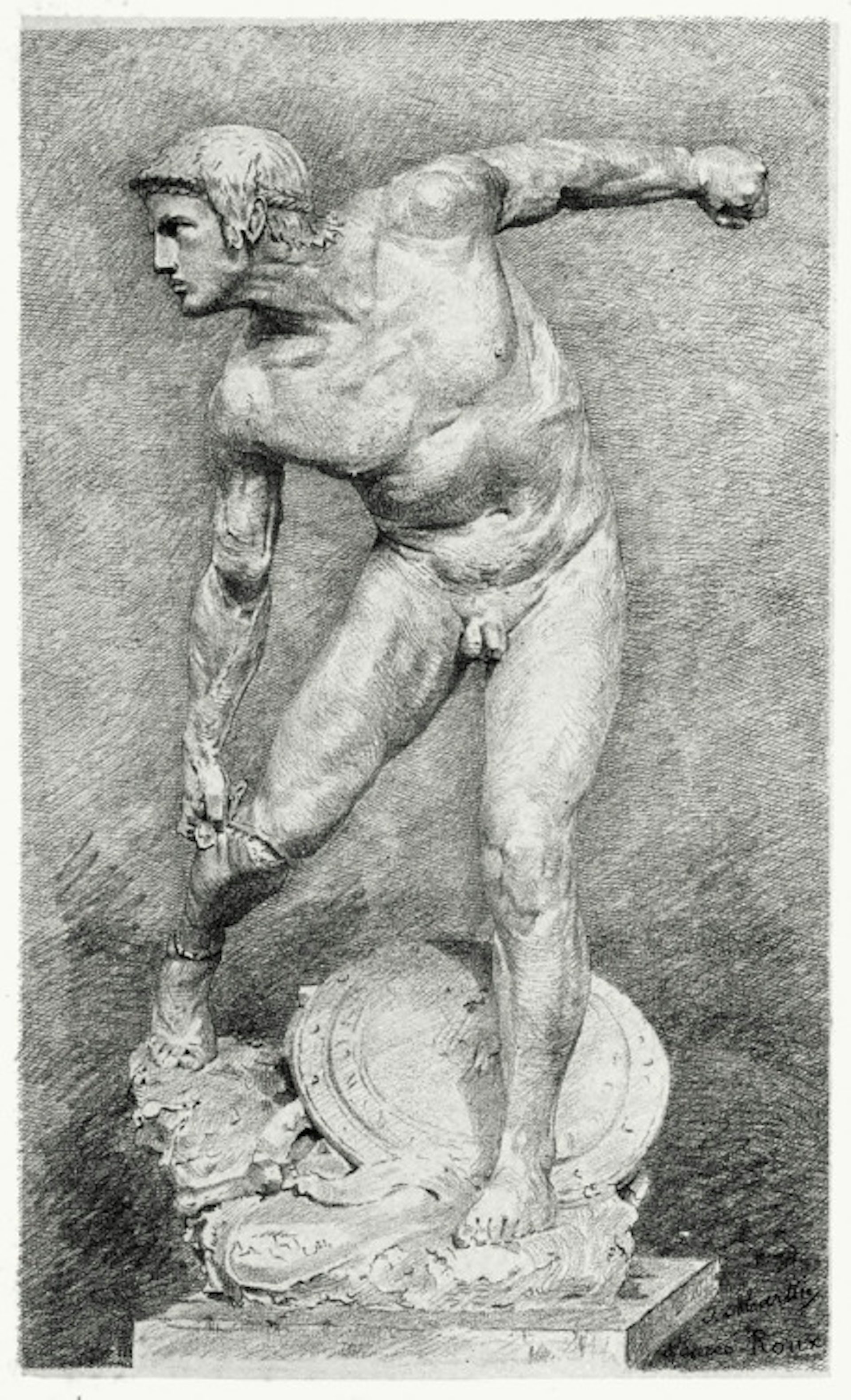 Achilles putting on the armor brought to him by his mother, the Nereid Thetis, by J. Martin after a sculpture by C. A. Roux